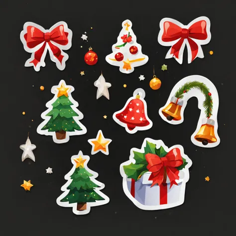 christmas stickers, 2D flat sticker, White frame, Christmas tree, christmas bells, Simple black background, (masutepiece), (Best Quality), (ultra high detailed)