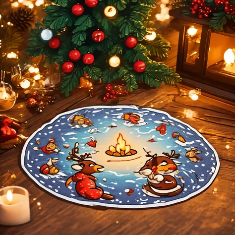 masterpiece, sticker, a christmas scene drawn in a circle on the campus, a single match flame in the center