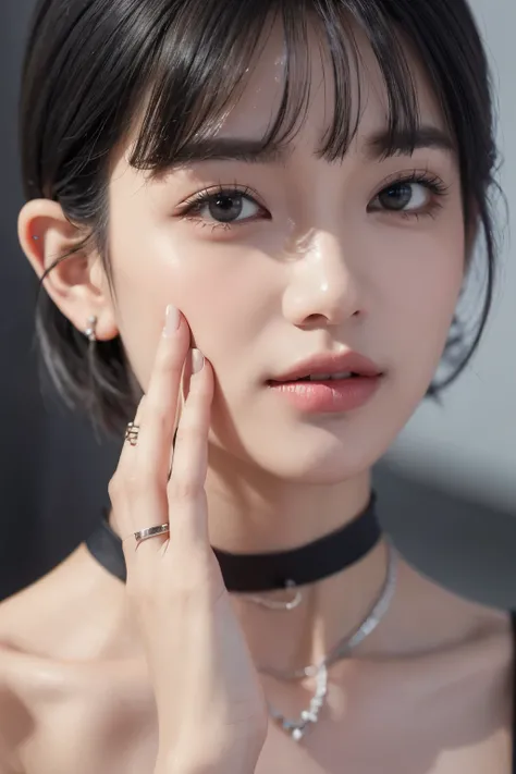 Pilion, Alone, 1个Giant Breast Girl, 黑色finger nails, jewely, short detailed hair, looking at viewert, Collar, choker necklace, hand on own face, Punching, white backgrounid, inner strength, Keep your mouth shut, With gray eyes, finger nails油,  backgound, wi...