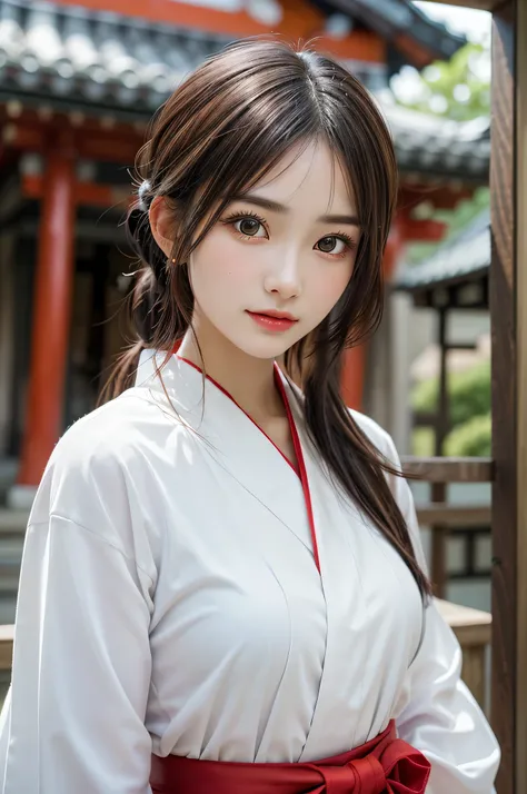 1girl in, Chignon, Hair ornaments, Water leads, (shrines maiden), (Japanese style shrines maiden costume, White haori, Red Hakama:1.4), Extremely cute, Amazing face and eyes, (extremely detailed beautiful face), (Ultra Realistic), (Highly detailed eyes, Hi...