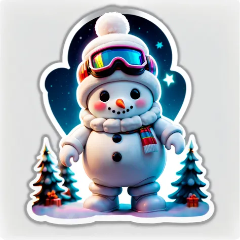 (((Stickers, Sticker)))，（Full body photo），1 transparent cute Christmas snowman，Transparent mech，Exquisite Christmas hat，Luminous goggles，cyber punk personage，Dreamy glow，(((white border frame，Sticker，a sticker)))