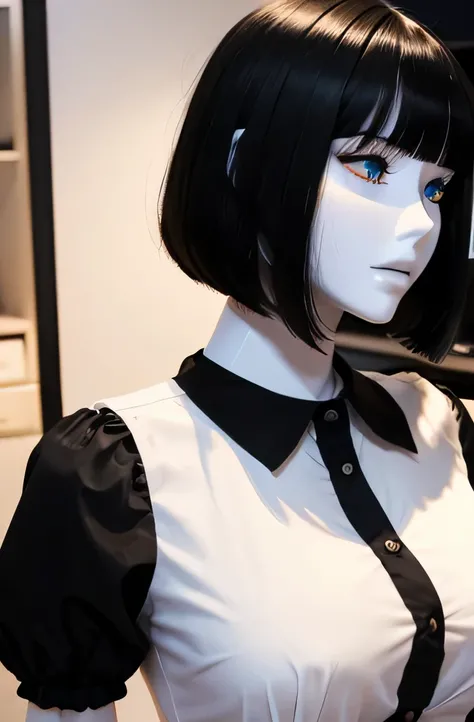 1 台のコンピュータに触れる 1 台のMannequin(Beautuful Women　Mannequin is 28 years old　Mannequinの身長は165cmです. Mannequinの色&#39;my face is white.　Mannequinの色 body is pure white 　Mannequin has black hair(straight haired　Bangs)　Mannequin has a thin and long face　Mannequinの色&#3...