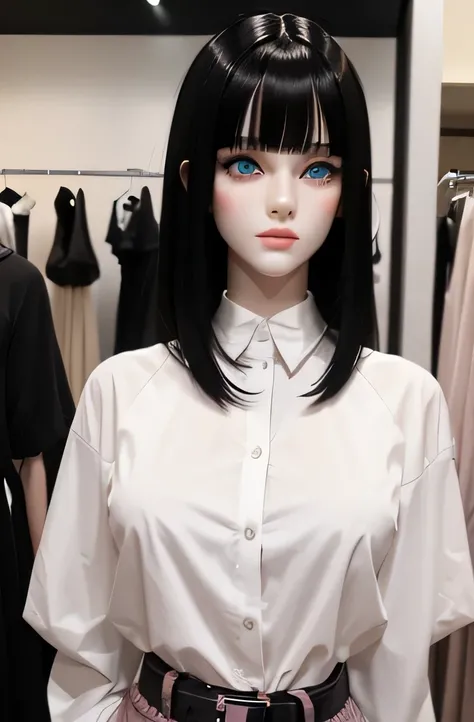 ラジカセに触れるMannequin(Beautuful Women　Mannequin is 28 years old　Mannequinの身長は165cmです. Mannequinの色&#39;my face is white.　Mannequinの色 body is pure white 　Mannequin has black hair(straight haired　Bangs)　Mannequin has a thin and long face　Mannequinの色&#39;lips are ...