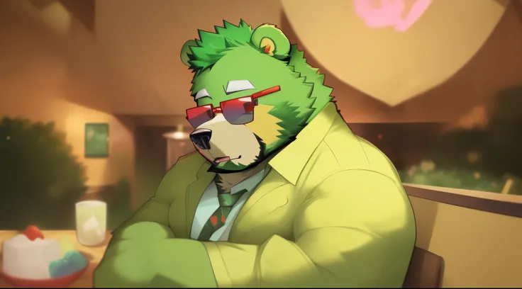 (jinpei), anthro ((bear)), furry, bear, green fur, green hair, beard, male, white eyebrows, red eyes, masterpiece, ((Best quality)), character focus solo, handsome, middle-aged, mature, muscle body, sexy, dilf, full body, there is a cartoon bear wearing a ...