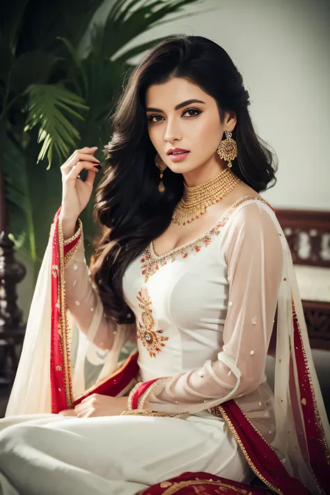 portrait of a confident-looking woman princess with long flowing hair, hazel eyes, wearing designer shalwar qameez and jewellery...