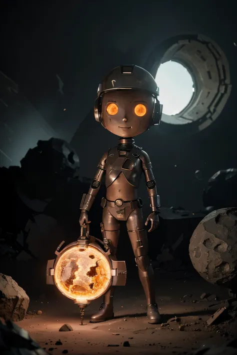 A Modern flat toon Crazy whit a Big ONE a Only Eye Robot and helmet Style, tongs in hands, Tv head, pinhead, camouflage PINK Rusty, Ambient in a meteorite crater super detailed, center, beautiful, soft lighting, focused on the character, 4K resolution, pho...