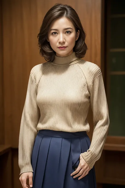 top-quality, ​masterpiece, hight resolution, Photorealsitic, profetional lighting, ighly detailed, depth of fields, ((One beautiful woman)), ((40 year old male sexy, ‎Classroom, ((tight sweater, skirt by the)), Detailed face, beautidful eyes, bangss, small...