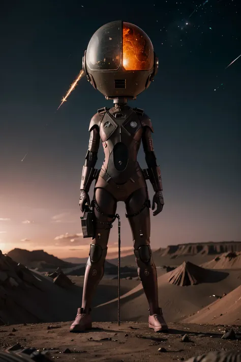 A Modern flat toon Crazy whit a Big ONE a Only Eye Robot and helmet Style, tongs in hands, Tv head, pinhead, camouflage PINK Rusty, Ambient in a meteorite crater super detailed, center, beautiful, soft lighting, focused on the character, 4K resolution, pho...