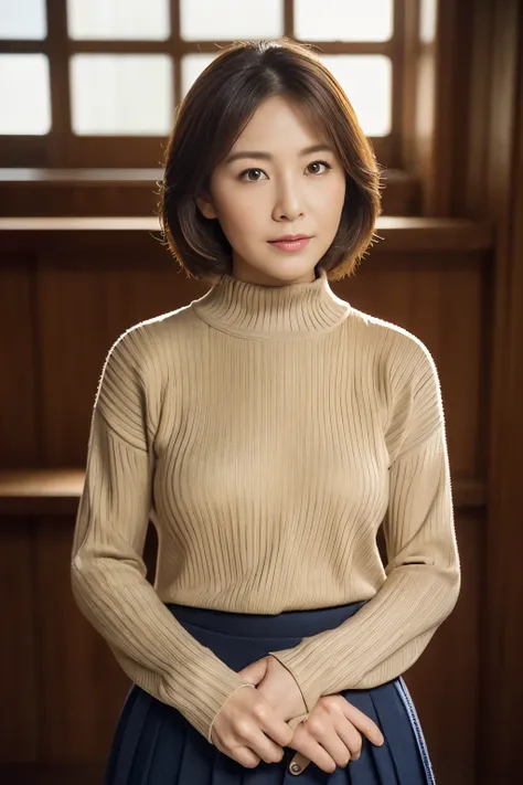 top-quality, ​masterpiece, hight resolution, Photorealsitic, profetional lighting, ighly detailed, depth of fields, ((One beautiful woman)), ((40 year old male sexy, ‎Classroom, ((tight sweater, skirt by the)), Detailed face, beautidful eyes, bangss, small...