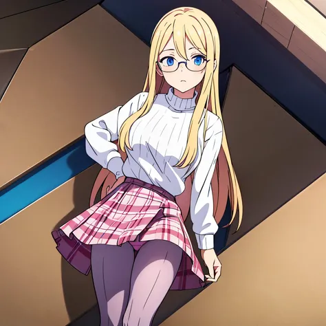 1girl, long blonde hair, blue eyes, glasses, white sweater, shirt plaid skirt, pantyhose, thigh high boots, looking down at viewer, Upskirt, underwear, pink panties