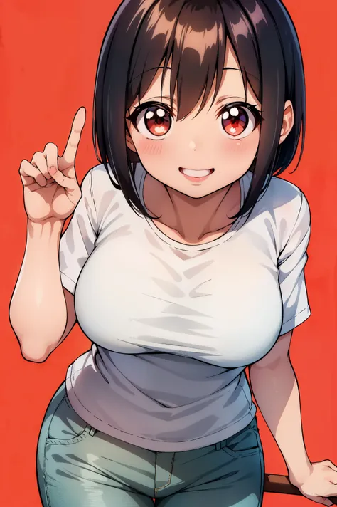 Best Quality, masutepiece, 1girl in, (Solo:1.1), 光线追踪, ultra-detailliert,Detailed face, 8K Wallpaper,  wide hips, Smile, Fuuko Izumo NDV, 1girl in, Black hair, Brown eyes, Large breasts, Short hair, Red Beanie, White T-shirt, shortpants, plein air,ahegao (...