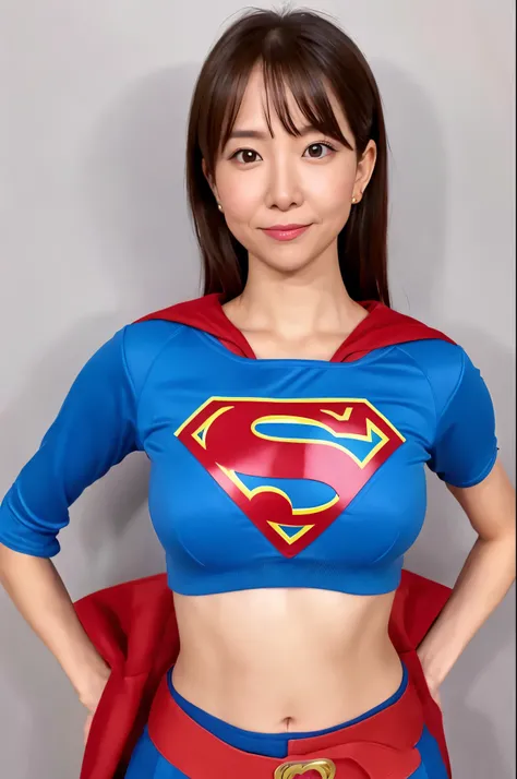 (High reality photograph, high resolusion, detailed face, detailed eyes) Skinny Japanese lady, 40 years old, 1 girl, cute face, various hair style, skinny figure, very small breasts, very thin waist, supergirl costume, simple background, full-body photo