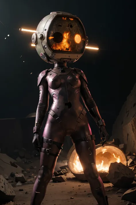 A Modern flat toon Crazy whit a Big ONE a Only Eye Robot and helmet Style, tongs in hands, Tv head, pinhead, camouflage PINK Rusty, Ambient in a meteorite crater super detailed, center, beautiful, soft lighting, focused on the character, 4K resolution, pho...