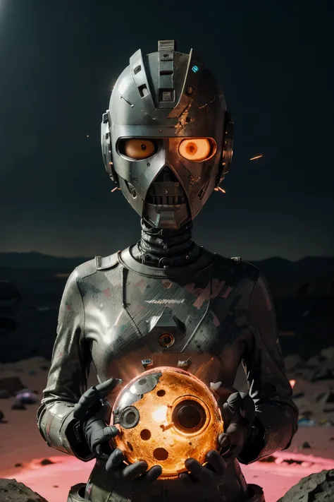 A Modern flat toon Crazy whit a Big ONE a Only Eye Robot and helmet Style, tongs in hands, Tv head, pinhead, camouflage PINK Rusty, Ambient in a meteorite crater super detailed, center, beautiful, soft lighting, focused on the character, 4K resolution, pho...