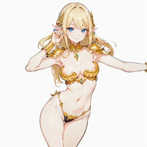 ​masterpiece、top-quality、ighly detailed、hight resolution、１６ｋ、fullnude、teats、Teetoob proportions、golden armour、Very thin skirt、Black pants、Very white skin、Beautiful fingers、Anime girl with very big breasts posing naked、Perfect Style、elvish、no-bra、Blonde blu...