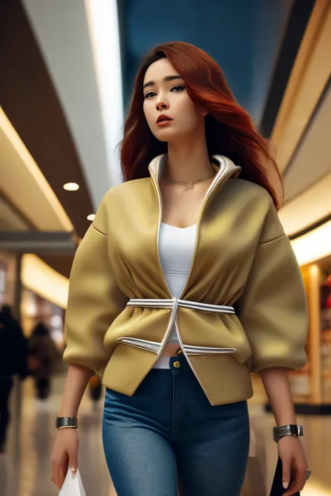 best quality, masterpiece, high_res, 1girl, full body photo, focus on ass, of a beautiful cute woman in her late twenties walking through a shopping mall which is decorated for xmas with long, dark ginger hair, Beautiful face, almond shaped eyes, messy hai...