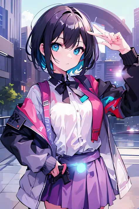 (masutepiece:1.2, Best Quality, Top Quality, Lens Flare, Depth of Field,), (Close Up: 1.3), (Wide Shot, Fisheye: 0.85), Face Focus, [1 girl in, expressioness, (Turquoise eyes:1.3),jet-black hair, Half shorthair,White jacket,Take off your jacket, Blouse wit...