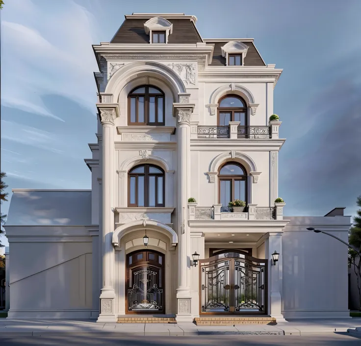 Architectural masterpiece, best quality, 16k image, classic architecture, white painted walls, car parked in front yard, arched door, artistic iron railing, arched door, wall lamp, best quality, detail most detailed, 3d max rendering