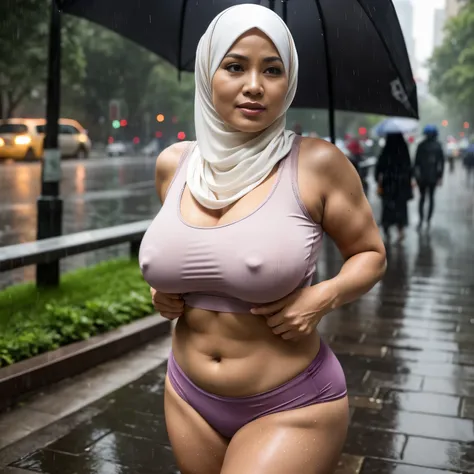 56 years Old, Hijab Indonesian Mature Woman, Ultra Droopiest gigantic saggiest longest mature tits : 96.9, wearing tight Tank Top, Wearing Tight Sport bra, Her bra cannot cover her Gigantic breast, Busty body, Arousing body, Wet body, rainy atmosphere, hea...