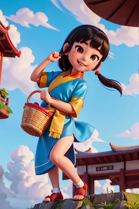 Mongolian girl holding a basket of sausages in her left hand，Hold a sausage in your right hand, 中国girl, 二重まぶた, Big eyes and short hair，Happy smile，年轻的亚洲girl, Inspired by Plum Tree, girl, full-colour illustration, Inspired by Zhibai, Chinese woman, Ancient ...