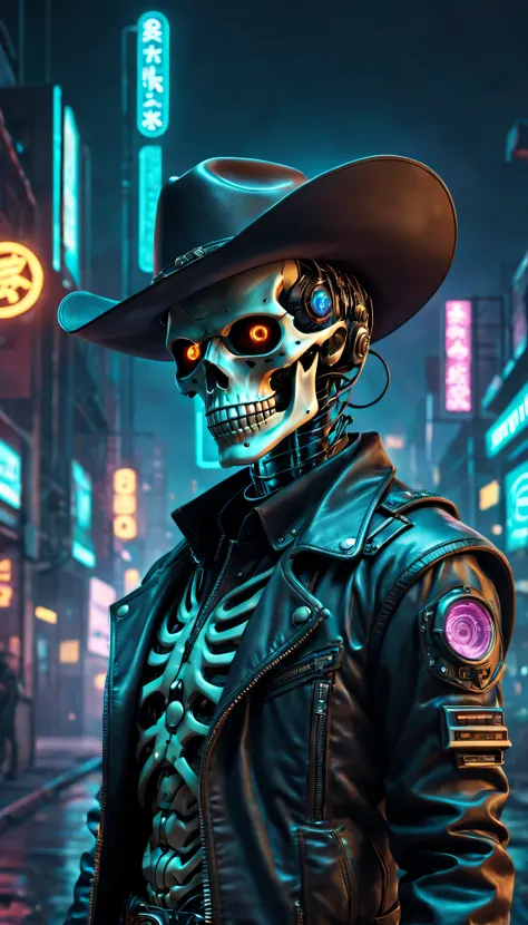 (Best quality at best,4K,8K,A high resolution,tmasterpiece:1.2),ultra - detailed,(actual,photoactual,photo-actual:1.37),cyber punk personage，cowboys，skeleton head，metalictexture，cowboys帽，neon light background，A futuristic，vivd colour，electric sparkocus sha...