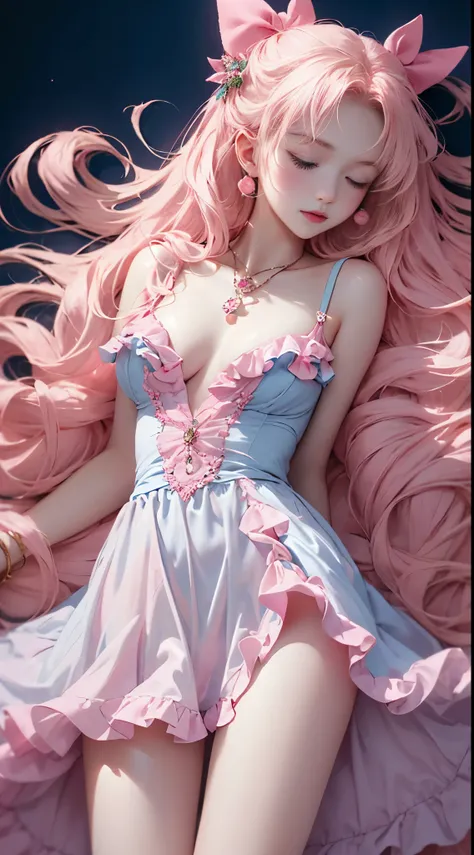 Light blue and red color scheme，pink nipple，little body，Petite，White curly hair, high detail, best quality, supper detail, pink pussy ,  dark background, 5/6 body, hair over nipple, open legs, sleeping dress