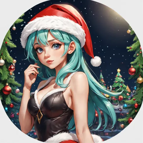 (a sticker,),(3D anime santa hat girl),bright colored hair,Slim, ellegance, There is also a touch of mystery.(In circlerown background), (Christmas border)，, ultra - detailed, Detailed diagram, vectorized, 8K, 专业a sticker设计, Graphic design, vector lines, a...