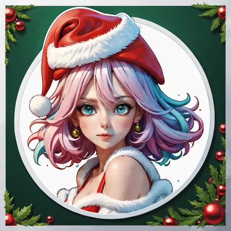 (a sticker,),(3D anime santa hat girl),bright colored hair,Slim, ellegance, There is also a touch of mystery.(In circles), (Christmas background), (white border frame)，, ultra - detailed, Detailed diagram, vectorized, 8K, 专业a sticker设计, Graphic design, vec...