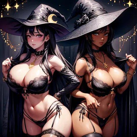 Dark skin, tight lace corset, lace G-String, large breasts, star studded witch hat, black choker with crescent moon amulet,