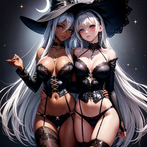 Dark skin, tight lace corset, lace G-String, large breasts, star studded witch hat, black choker with crescent moon amulet,