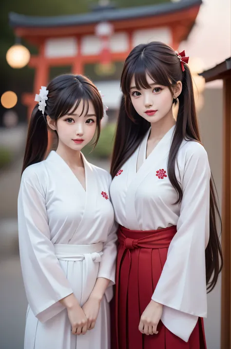 ((2girls)), ((Best Quality)), (Ultra-detailed), (extremely detailed CG unified 8k wallpaper), Highly detailed, High-definition raw color photos, Professional Photography, (Twin-tailed), Brown hair, Amazing face and eyes, Pink eyes, (amazingly beautiful gir...