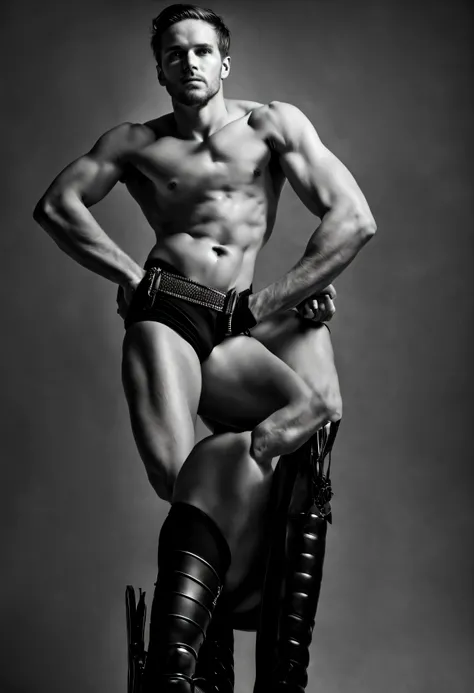 Black and white fashion photo of tall blonde undressed nude guy riding black horse. black leather boots only, bare skin