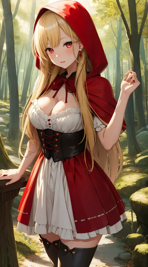 masterpiece, best quality, highres, kitagawa marin, 1girl, blonde hair, long hair, swept bangs, gradient hair, red eyes, jewelry, earrings, piercing, glossy lips, little red riding hood, boots, forest, cleavage