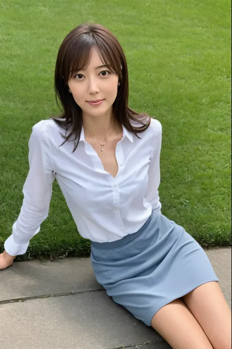 (High reality photograph, high resolusion, detailed face, detailed eyes), Japanese lady, 40 years old, various face expression, solo:1, skinny figure, medium breasts, emphasizing very thin waist, various hair style, Shirt, tight skirt, sitting on the grass...