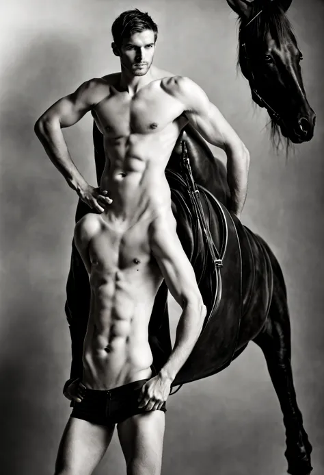 Black and white fashion photo of tall blonde undressed nude guy riding black horse. black leather boots only, bare skin