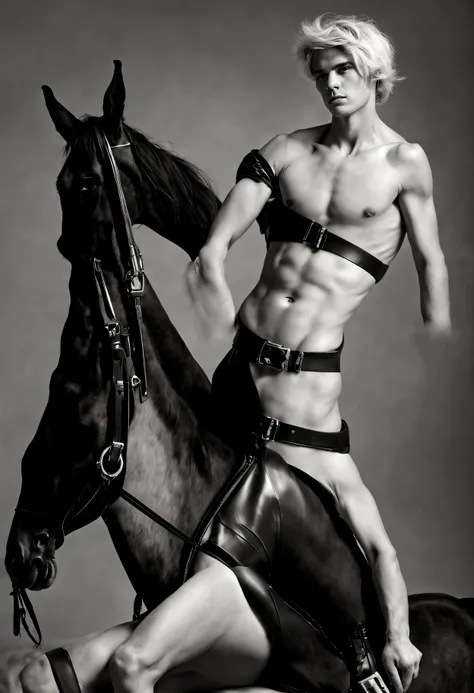 Black and white fashion photo of tall blonde undressed nude guy riding black horse. black leather boots