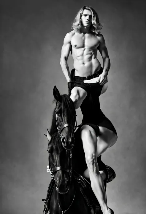 Black and white fashion photo of tall blonde undressed nude guy riding black horse. black leather boots