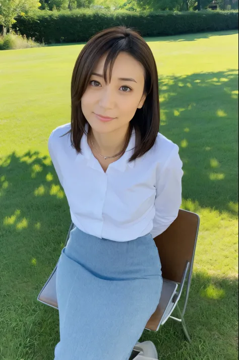 (High reality photograph, high resolusion, detailed face, detailed eyes), Japanese lady, 40 years old, various face expression, solo:1, skinny figure, medium breasts, emphasizing very thin waist, various hair style, Shirt, tight skirt, sitting on the grass...