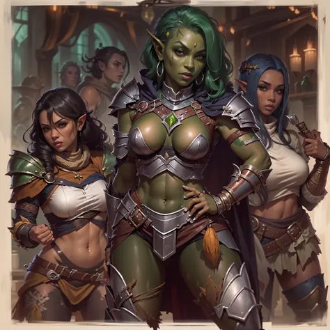 (((Black female rogue))), wearing tight leather armor, (((midnight skinned female drow sorceress))), wearing skimpy outfit with patterned pantyhose, (((beautiful green skinned female half-orc warrior))), wearing skimpy half-plate armor, (((human female pal...