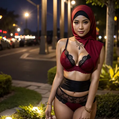 35 Years old, Indonesian mature woman, wearing short Hijab, perfect , natural Huge breast : 46.9, gorgeous eyes, Soft smile, wear a red lace bra and a tight transparent legging, necklace, hairband, Alluring Face, Erotic pose, Nightime walk, City garden, Ex...