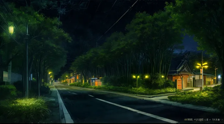 (Masterpiece, best quality: 1.4), night ligthning, dark, japanese crossing sign, railroad crossing, japanese streets, trees, greens, ((night scene: 1.5)), (night light: 1.lants, narrow road, ((street lamp: 1.2))