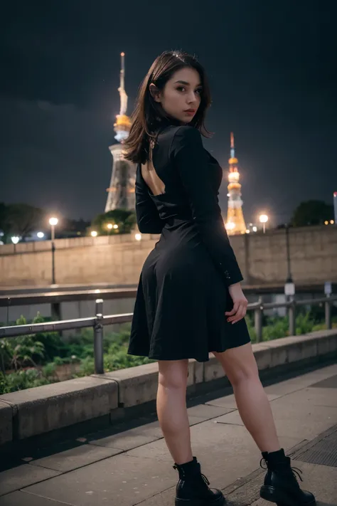 hyper ultra realistic photographs of hd quality,masterpiece, best quality, 1girl, solo, wear black dress with black wing on the back, weara black shoes, the background blur tokyo city, on the tokyo tower. ratio 16:9, 4k, 8k resolution, High quality photo, ...