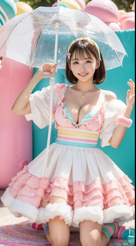 Fashion: Dress up in a colorful ensemble reminiscent of candy wrappers, Bright pastel cleavage and playful accessories、Colossal tits、sixteen years old. 2. Pose: Pose whimsically while holding a giant lollipop, Show off a carefree and fun attitude. 3. Backg...