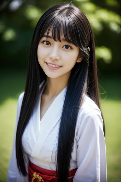 exemplary Japanese beauty、 Elegant、Japan Person Model, 18-year-old female model,  4K、bangss、A dark-haired、Tie back hair、Middle hair、Straight hair、(白いshrine maiden衣装:1.2),　(Super cute face in idol style:1.2)、shrines、Traditional kimono、slim and beautiful fig...