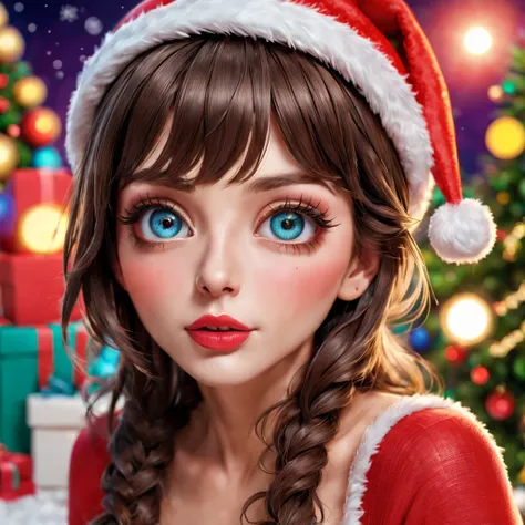 Sticker,3D,anime,girl,Christmas hat,(detailed eyes, detailed lips, detailed face),(long eyelashes),playful expression,fun pose,colorful background,high quality,masterpiece:1.2,vibrant colors,soft lighting