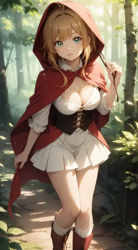 masterpiece, best quality, highres, perfect pixel, depth of field, 1girl, single, solo, beautiful anime girl, beautiful artstyle, (detailed face), anime CG style, (medium breasts), good lighting, perfect body, (sakura kinomoto), glossy lips, cleavage, litt...