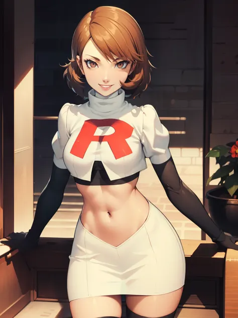 brown hair, short hair, glossy lips ,team rocket uniform, red letter r, white skirt,white crop top,black thigh-high boots, black...