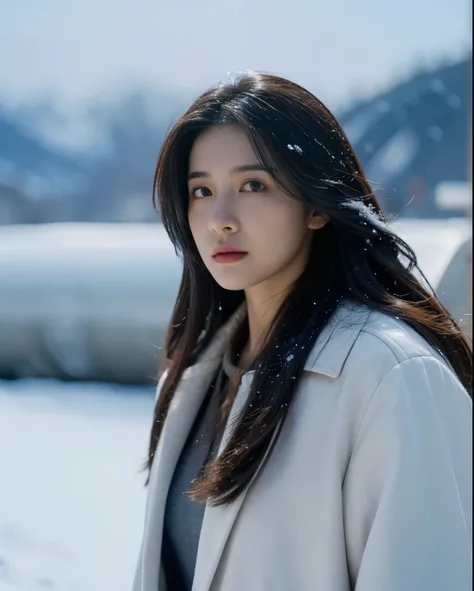 Science Fiction,Sci-Fi Movies,Artillery,Long-Range Missiles,Based on the Movie Foundation ,Woman,,Protagonist,28 years old,hopeful face,brown eyes,long hairstyle,black hair with white gray,scientist uniform,white researcher coat,open meadow,rebel,chaotic,f...