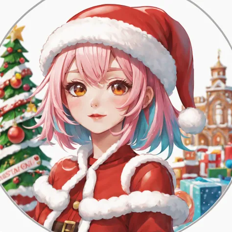 (a sticker,),(3D anime santa hat girl),bright colored hair,Slim, ellegance, There is also a touch of mystery.(In circlerown background), (Christmas border)，, ultra - detailed, Detailed diagram, vectorized, 8K, 专业a sticker设计, Graphic design, vector lines, a...