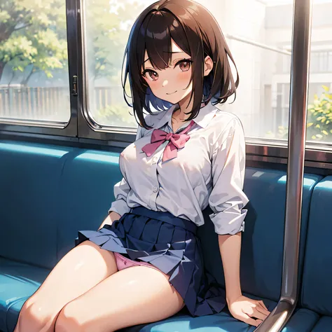 (((masutepiece, Highest Quality, Best Quality, 1girl in, Solo, Beautiful anime、Detailed picture)))、18year old、A slender、slightly larger breasts、skinny thigh、(dark brown hair、Longhaire、Brown-eyed、rounded eyes、Clear department、real  face、),On the train、sitti...